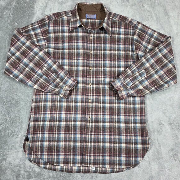 Vintage Pendleton Shirt Mens Large Brown Blue Plaid Wool Flannel Button Up USA - Picture 2 of 8